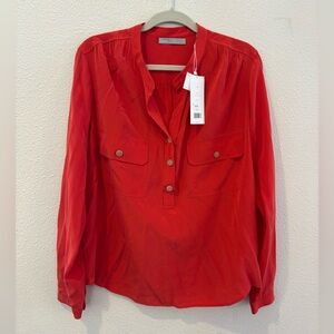 NWT Vince Silk Blouse in Red Orange Large Front Flap Pockets Buttons work office